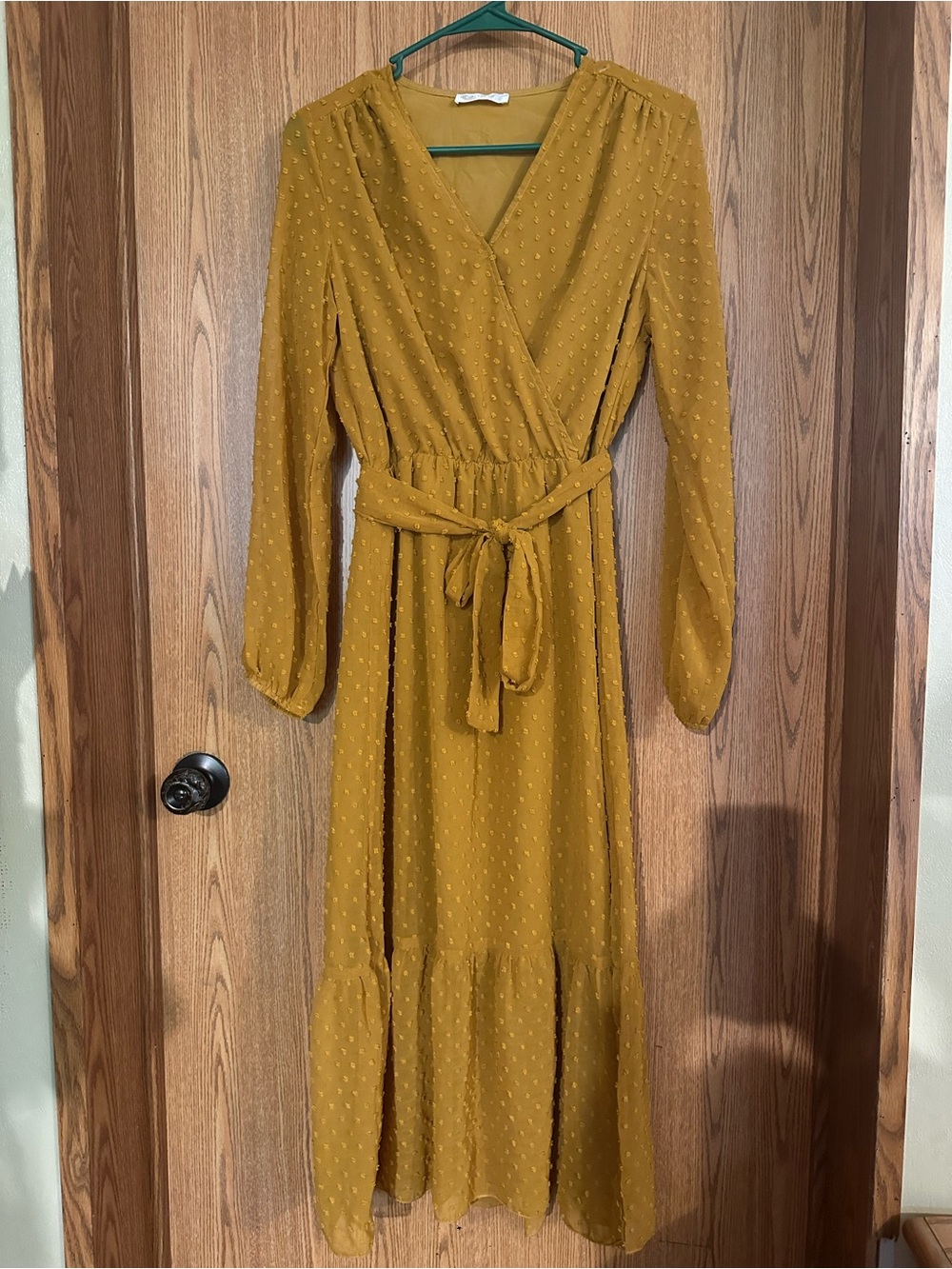 Women’s Mustard Long-Sleeve Wrap Maxi Dress with Waist Tie